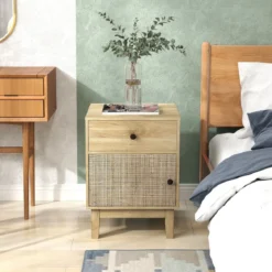 Rattan Nachttisch mit Schublade & Schrank Nachtschrank im Boho-Stil Beistelltisch