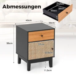 Rattan Nachttisch mit Schublade & Schrank Nachtschrank im Boho-Stil Beistelltisch