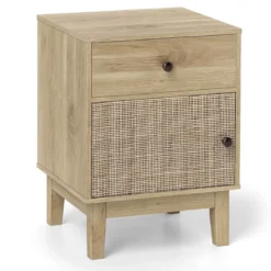 Rattan Nachttisch mit Schublade & Schrank Nachtschrank im Boho-Stil Beistelltisch