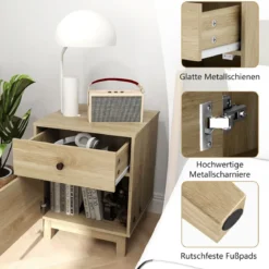 Rattan Nachttisch mit Schublade & Schrank Nachtschrank im Boho-Stil Beistelltisch