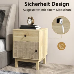 Rattan Nachttisch mit Schublade & Schrank Nachtschrank im Boho-Stil Beistelltisch