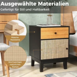 Rattan Nachttisch mit Schublade & Schrank Nachtschrank im Boho-Stil Beistelltisch