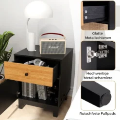 Rattan Nachttisch mit Schublade & Schrank Nachtschrank im Boho-Stil Beistelltisch