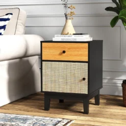 Rattan Nachttisch mit Schublade & Schrank Nachtschrank im Boho-Stil Beistelltisch