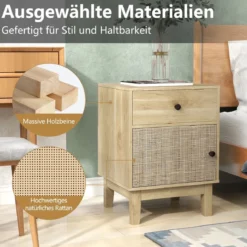 Rattan Nachttisch mit Schublade & Schrank Nachtschrank im Boho-Stil Beistelltisch