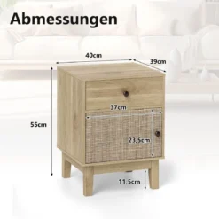 Rattan Nachttisch mit Schublade & Schrank Nachtschrank im Boho-Stil Beistelltisch