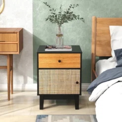 Rattan Nachttisch mit Schublade & Schrank Nachtschrank im Boho-Stil Beistelltisch