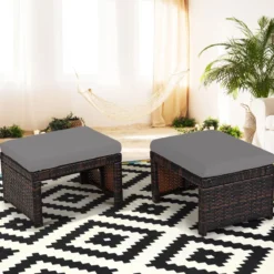 2 Rattan Ottomanen Outdoor Ottomane PE Rattansitz mit kissen 49 x 40 x 33 cm Grau