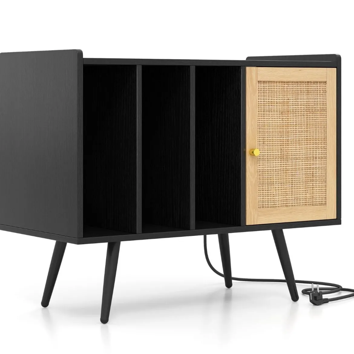 Rattan Plattenspieler-Ständer mit Ladestation Vinyl Schallplattenspieler Tisch für 220 Schallplatten Schwarz