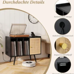 Rattan Plattenspieler-Ständer mit Ladestation Vinyl Schallplattenspieler Tisch für 220 Schallplatten Schwarz