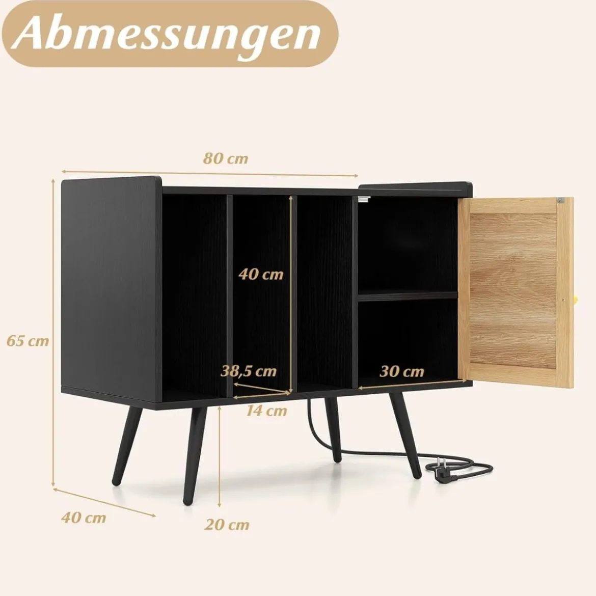 Rattan Plattenspieler-Ständer mit Ladestation Vinyl Schallplattenspieler Tisch für 220 Schallplatten Schwarz