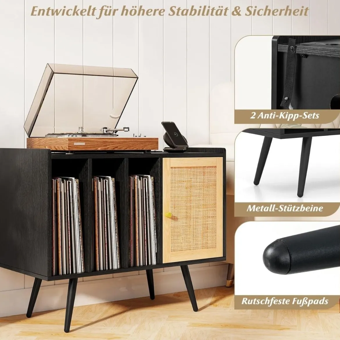 Rattan Plattenspieler-Ständer mit Ladestation Vinyl Schallplattenspieler Tisch für 220 Schallplatten Schwarz