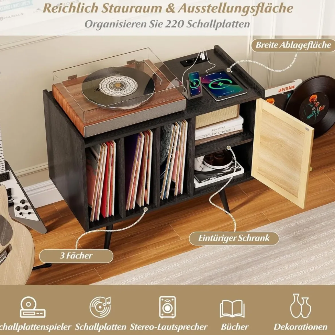 Rattan Plattenspieler-Ständer mit Ladestation Vinyl Schallplattenspieler Tisch für 220 Schallplatten Schwarz