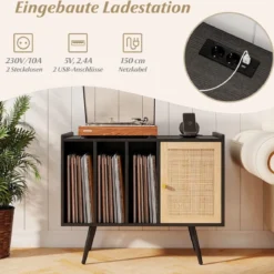 Rattan Plattenspieler-Ständer mit Ladestation Vinyl Schallplattenspieler Tisch für 220 Schallplatten Schwarz