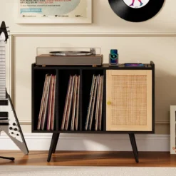 Rattan Plattenspieler-Ständer mit Ladestation Vinyl Schallplattenspieler Tisch für 220 Schallplatten Schwarz