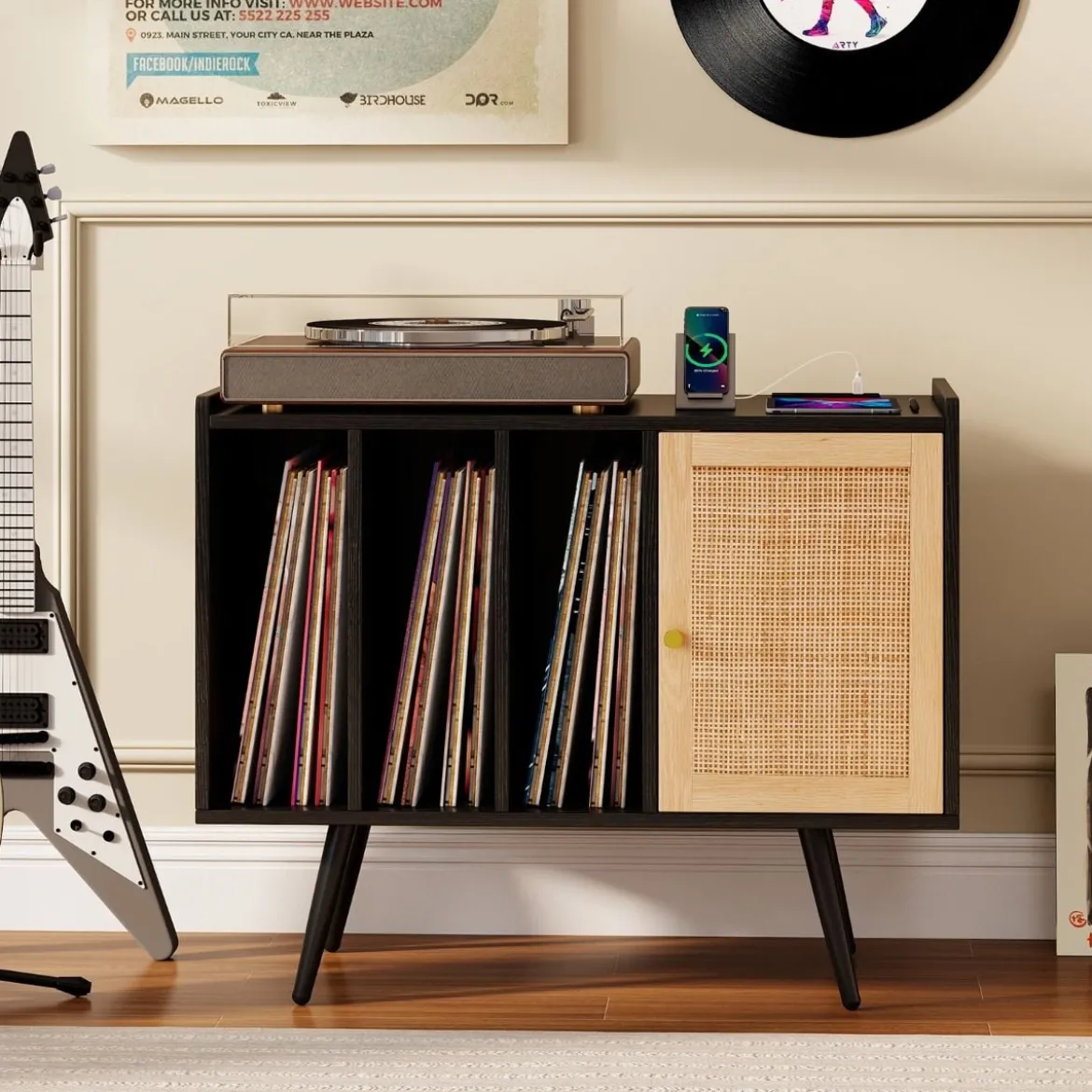 Rattan Plattenspieler-Ständer mit Ladestation Vinyl Schallplattenspieler Tisch für 220 Schallplatten Schwarz