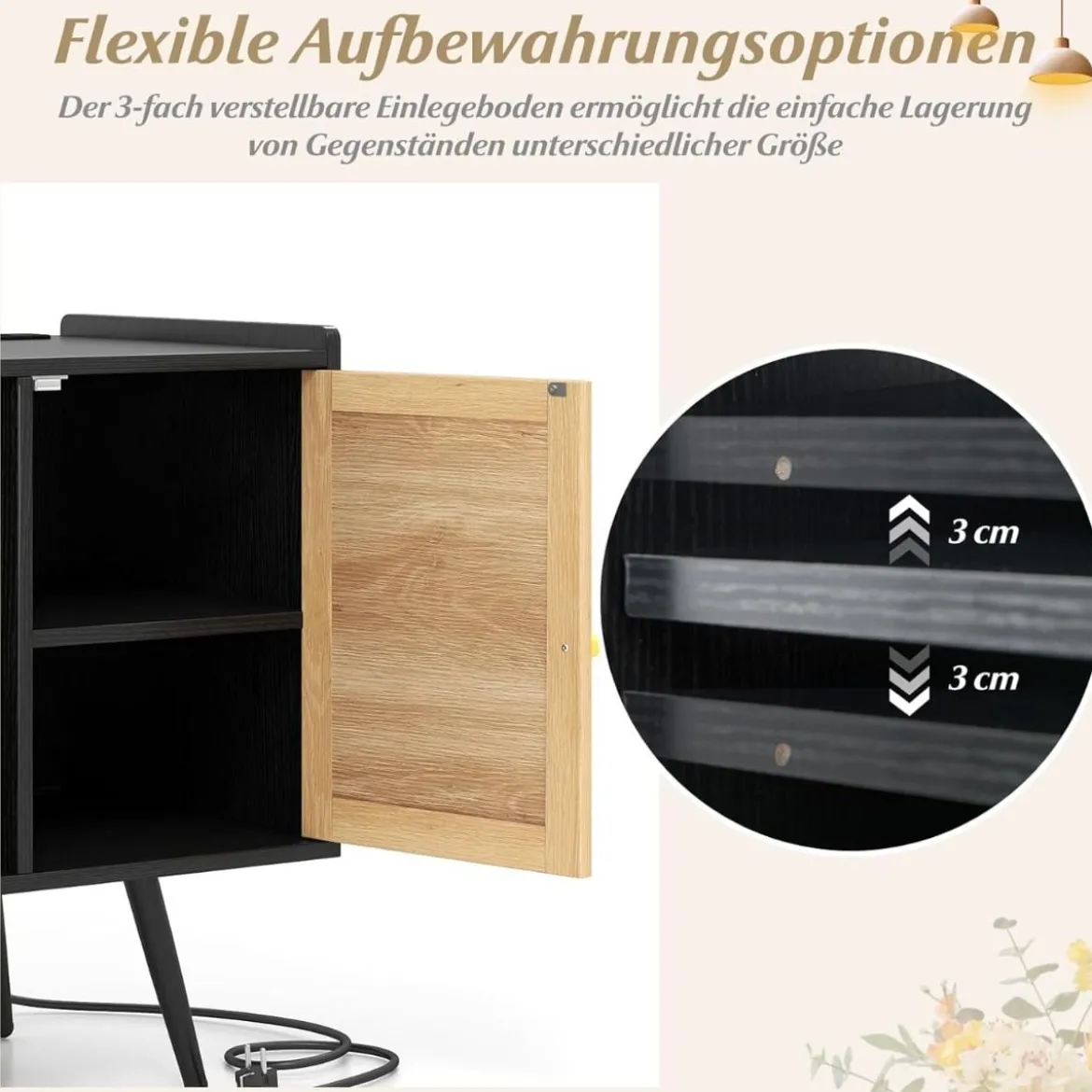 Rattan Plattenspieler-Ständer mit Ladestation Vinyl Schallplattenspieler Tisch für 220 Schallplatten Schwarz