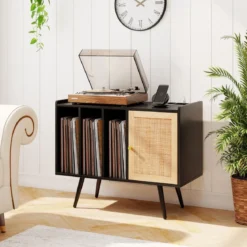Rattan Plattenspieler-Ständer mit Ladestation Vinyl Schallplattenspieler Tisch für 220 Schallplatten Schwarz