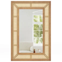 Rattan Rechteckiger Wandspiegel mit Holzrahmen & Haken Dekorativer Spiegel Wandmontage