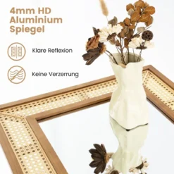 Rattan Rechteckiger Wandspiegel mit Holzrahmen & Haken Dekorativer Spiegel Wandmontage
