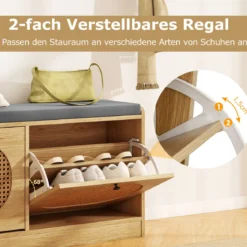 Rattan Schuhbank mit 2 Klappen & Verstellbaren Regalen & Gepolsterter Sitzfläche Schuhschrank