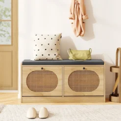 Rattan Schuhbank mit 2 Klappen & Verstellbaren Regalen & Gepolsterter Sitzfläche Schuhschrank
