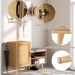 Rattan-Schuhschrank mit Bank 2-in-1-Schuhwechselbank mit 3 verstellbaren Regalen 105 x 35 x 76 cm Natur