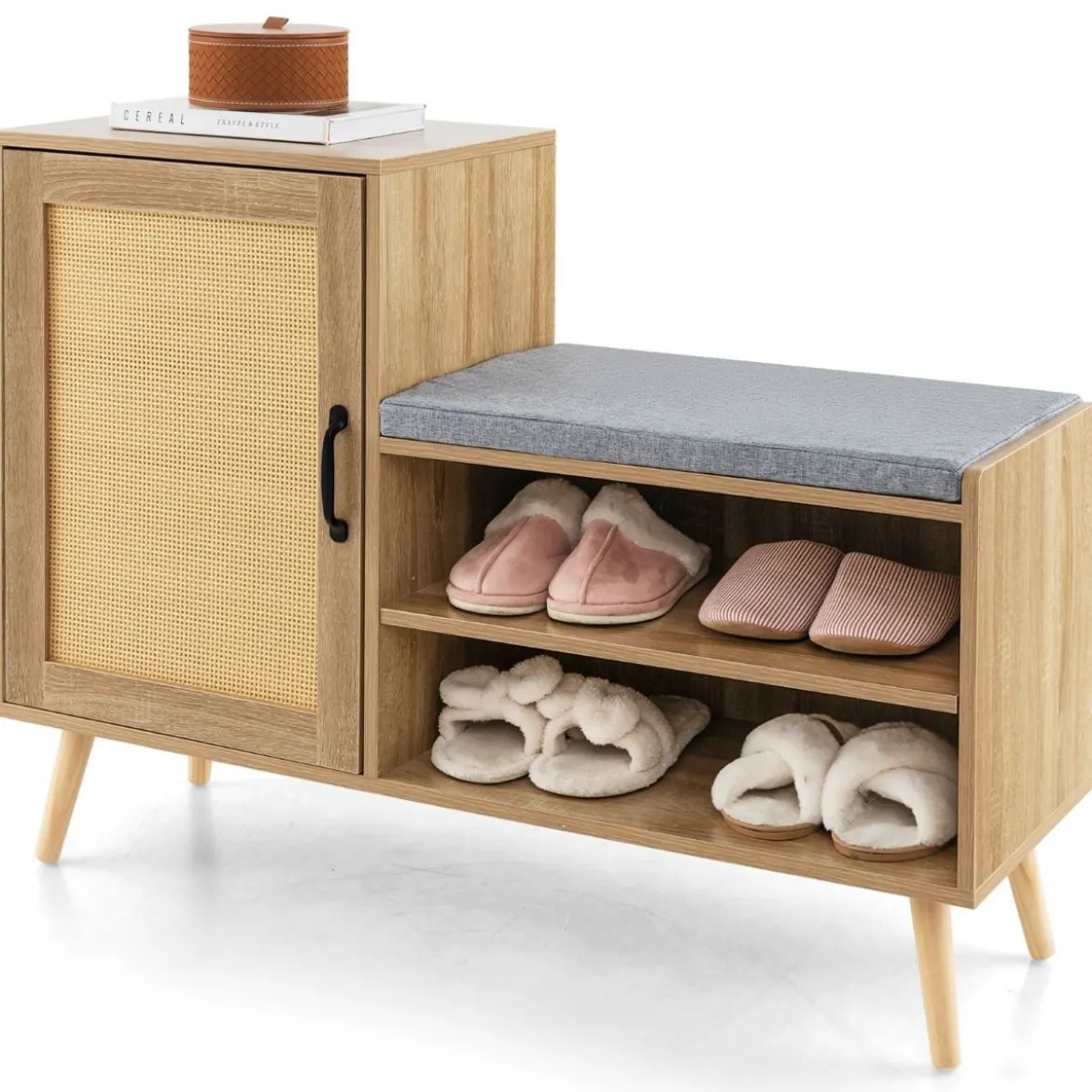 Rattan-Schuhschrank mit Bank 2-in-1-Schuhwechselbank mit 3 verstellbaren Regalen 105 x 35 x 76 cm Natur
