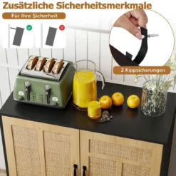 Rattan Sideboard mit 3-Fach Verstellbarem Regal & 2 Türen Boho Buffet Akzentschrank Schwarz