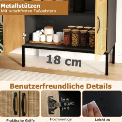 Rattan Sideboard mit 3-Fach Verstellbarem Regal & 2 Türen Boho Buffet Akzentschrank Schwarz