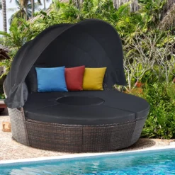 Rattan Sonneninsel mit faltbarem Sonnendach Sonnenliege Ø185 x 142 cm Braun + Schwarz