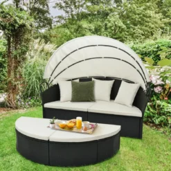 Rattan Sonnenliege rund 2-3 Personen Gartenliege mit Sitzkissen & Rückenkissen & einziehbarem Baldachin