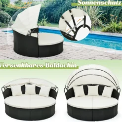 Rattan Sonnenliege rund 2-3 Personen Gartenliege mit Sitzkissen & Rückenkissen & einziehbarem Baldachin