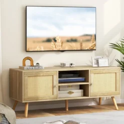 Rattan TV-Schrank mit 2 Türen & Offenen Fächern für Fernseher bis zu 55 Zoll 120 x 40 x 48,5 cm