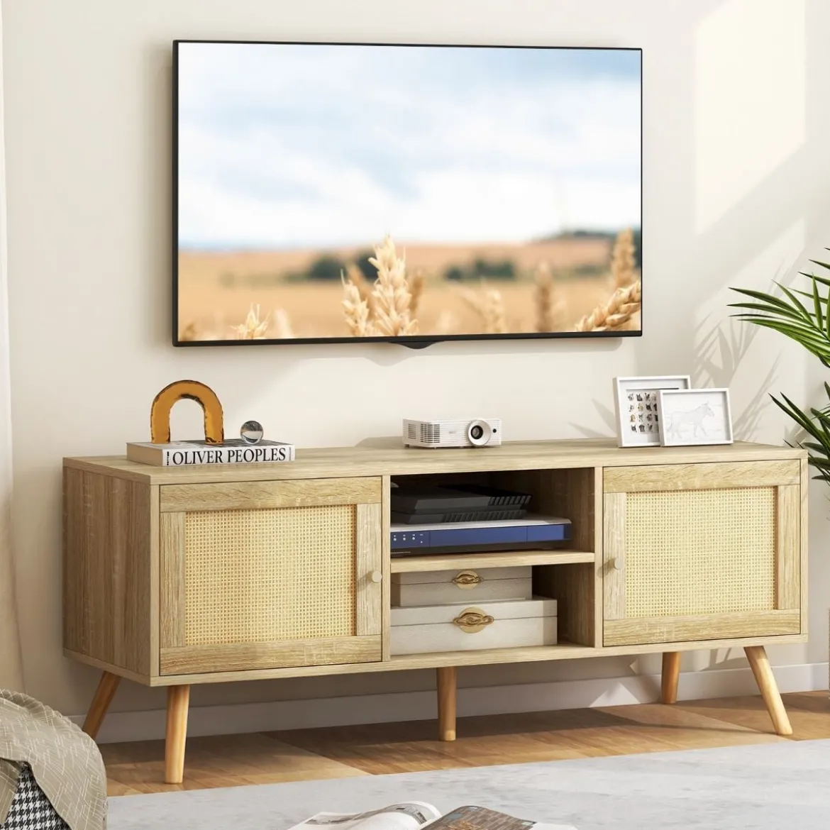 Rattan TV-Schrank mit 2 Türen & Offenen Fächern für Fernseher bis zu 55 Zoll 120 x 40 x 48,5 cm