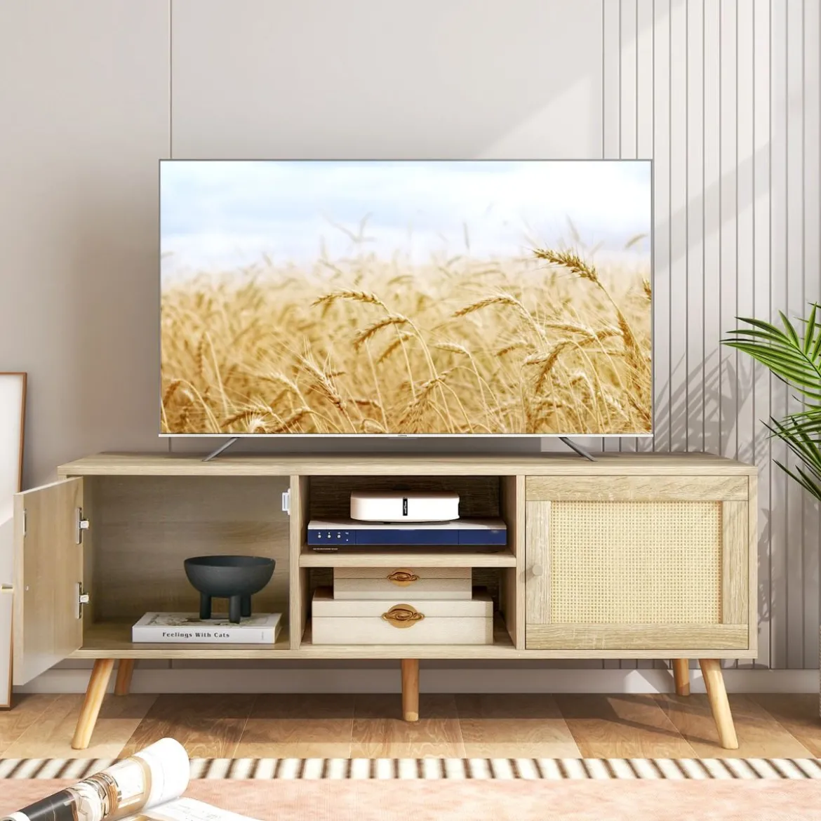 Rattan TV-Schrank mit 2 Türen & Offenen Fächern für Fernseher bis zu 55 Zoll 120 x 40 x 48,5 cm