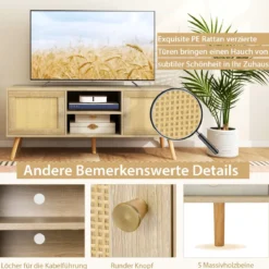Rattan TV-Schrank mit 2 Türen & Offenen Fächern für Fernseher bis zu 55 Zoll 120 x 40 x 48,5 cm