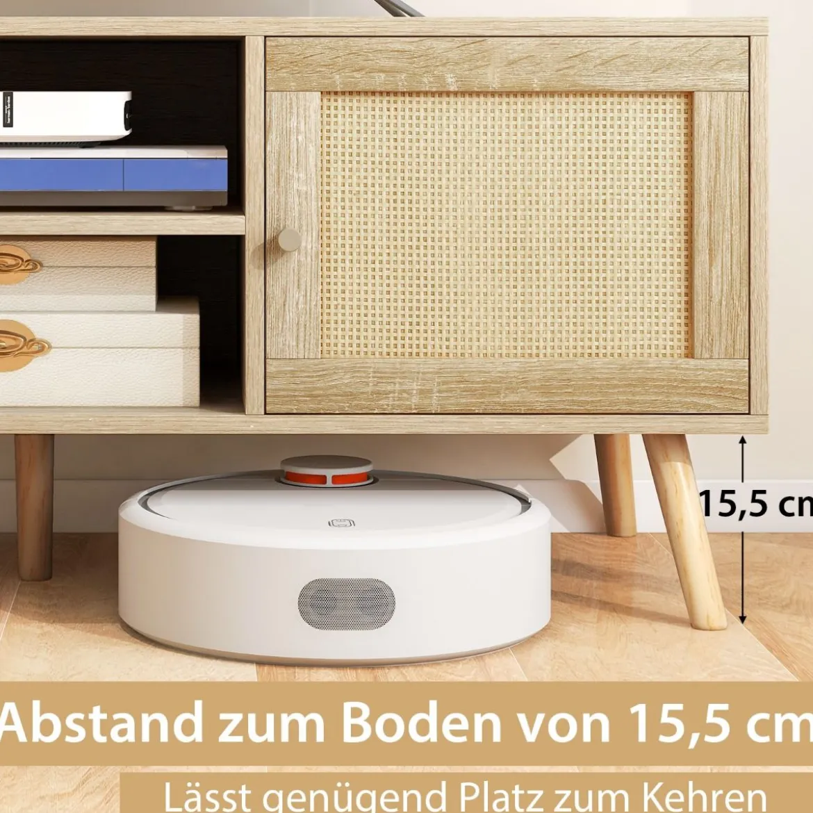 Rattan TV-Schrank mit 2 Türen & Offenen Fächern für Fernseher bis zu 55 Zoll 120 x 40 x 48,5 cm