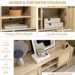 Rattan TV-Schrank mit 2 Türen & Offenen Fächern für Fernseher bis zu 55 Zoll 120 x 40 x 48,5 cm