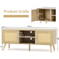 Rattan TV-Schrank mit 2 Türen & Offenen Fächern für Fernseher bis zu 55 Zoll 120 x 40 x 48,5 cm