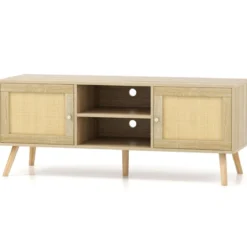 Rattan TV-Schrank mit 2 Türen & Offenen Fächern für Fernseher bis zu 55 Zoll 120 x 40 x 48,5 cm