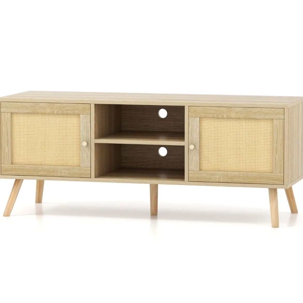 Rattan TV-Schrank mit 2 Türen & Offenen Fächern für Fernseher bis zu 55 Zoll 120 x 40 x 48,5 cm