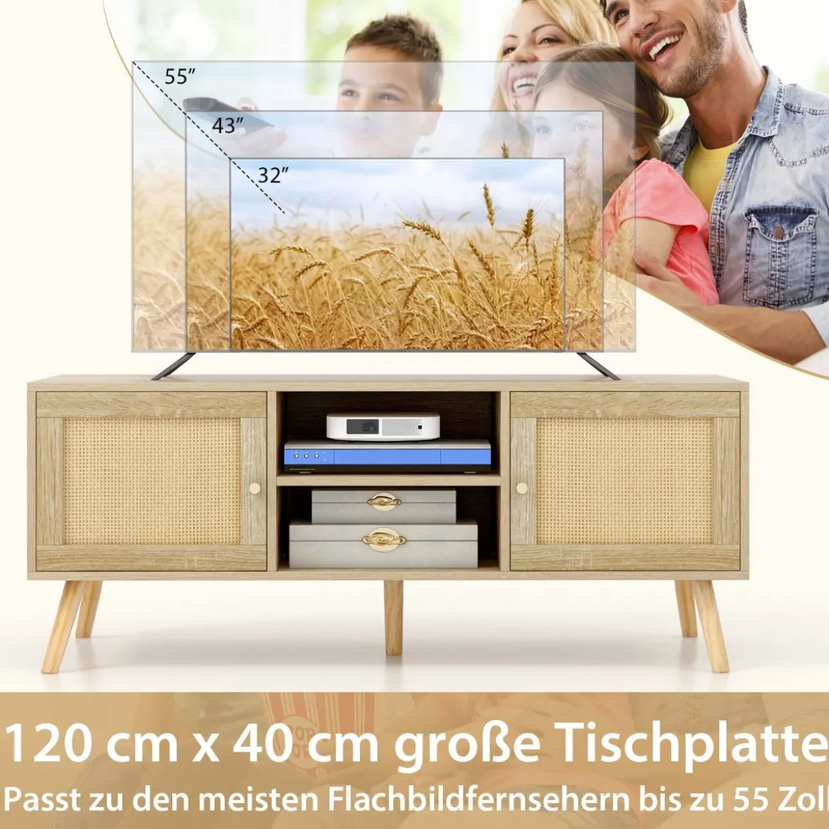 Rattan TV-Schrank mit 2 Türen & Offenen Fächern für Fernseher bis zu 55 Zoll 120 x 40 x 48,5 cm