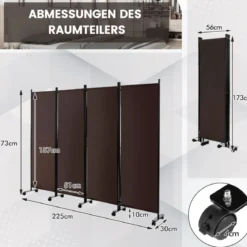 Raumteiler mit 4 Paneelen auf Rädern 173 cm Hoher Rollbarer Sichtschutz Braun