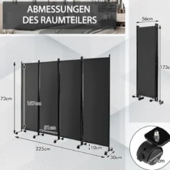 Raumteiler mit 4 Paneelen auf Rädern 173 cm Hoher Rollbarer Sichtschutz Grau