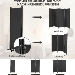 Raumteiler mit 4 Paneelen auf Rädern 173 cm Hoher Rollbarer Sichtschutz Grau