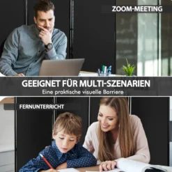 Raumteiler mit 4 Paneelen auf Rädern 173 cm Hoher Rollbarer Sichtschutz Schwarz
