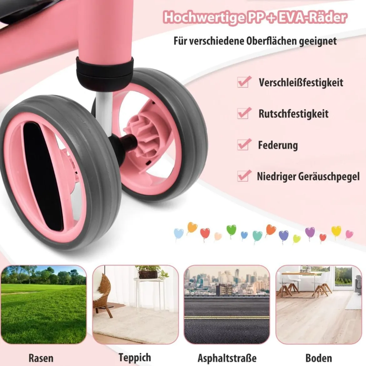 4 Räder Kinder Laufrad Balance Fahrrad ohne Pedal für Kinder von 1-2 Jahre Rosa