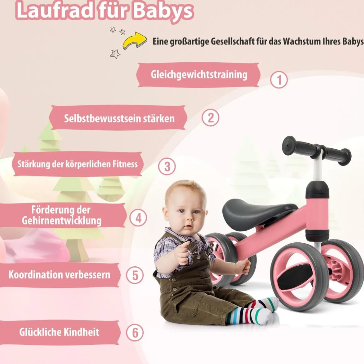 4 Räder Kinder Laufrad Balance Fahrrad ohne Pedal für Kinder von 1-2 Jahre Rosa