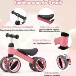 4 Räder Kinder Laufrad Balance Fahrrad ohne Pedal für Kinder von 1-2 Jahre Rosa